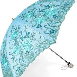 Blue Lace Parasol Ultraviolet-Proof Folding Umbrella UPF50+ Flower Embroidery